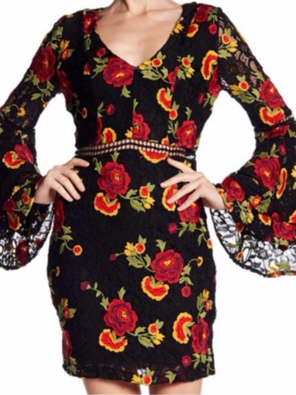 NWT Alexia Admor Black Lace Embroidered Floral Bell Sleeve Dress Size 10